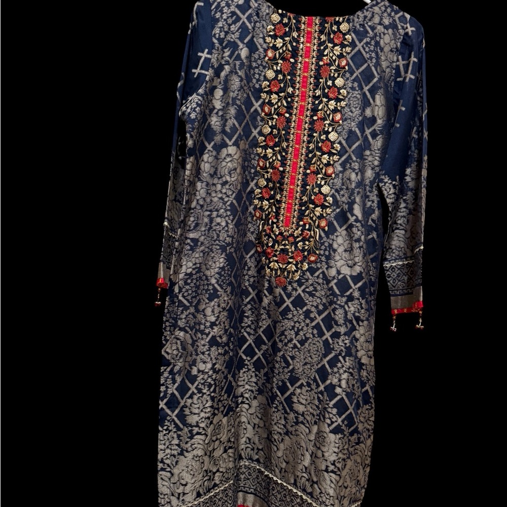 R13 Elegant Floral Navy Kurta with Red Details